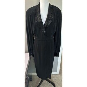 Vintage 80s 90s Size 8 D'ore Black Cocktail Dress Formal Beaded Cuffs Collar EUC